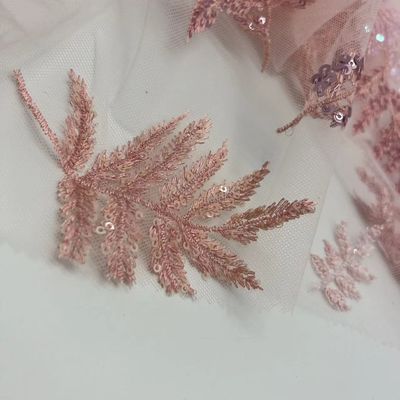 Leaf Shape Design Sequins Embroidery Cloth Pink Color Good For Sequin Dresses
